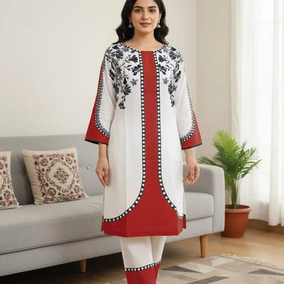 Elegant White & Red Printed 2 Piece Lawn Suit for Women