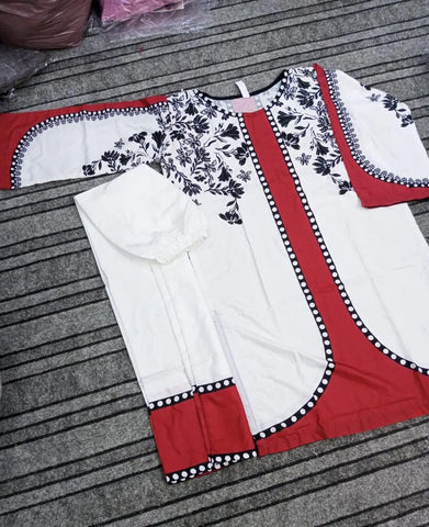 Elegant White & Red Printed 2 Piece Lawn Suit for Women