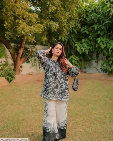 2 Pcs Women's Stitched Swiss Lawn Printed Shirt And Trouser
