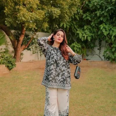2 Pcs Women's Stitched Swiss Lawn Printed Shirt And Trouser
