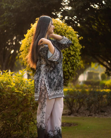 2 Pcs Women's Stitched Swiss Lawn Printed Shirt And Trouser