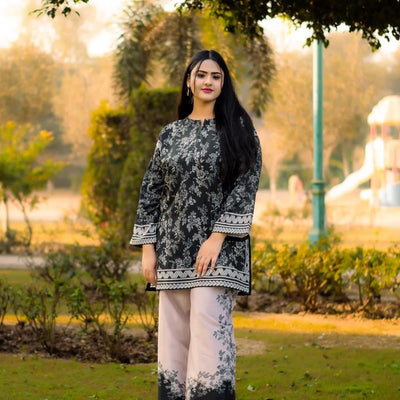 2 Pcs Women's Stitched Swiss Lawn Printed Shirt And Trouser
