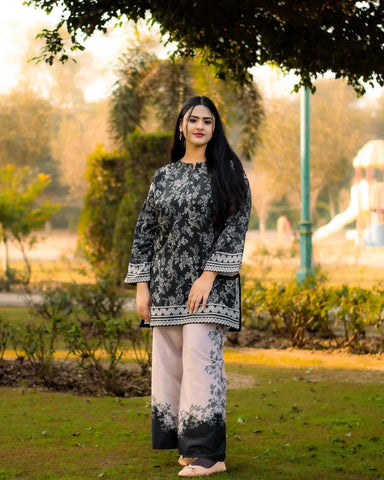 2 Pcs Women's Stitched Swiss Lawn Printed Shirt And Trouser