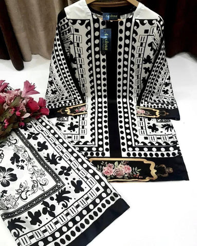 2 Pcs Women's Stitched Swiss Lawn Printed Co-Ord Set