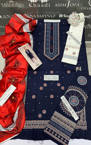 3 Pcs Women's Unstitched Embroidered Suit