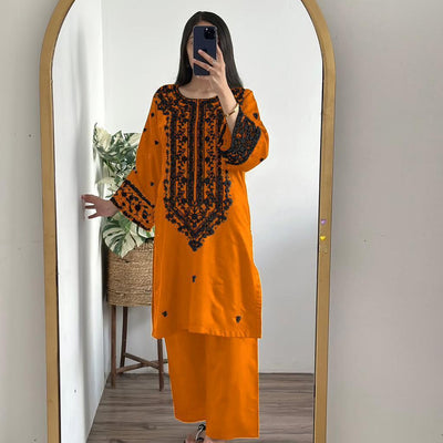 2 Pcs Women's Stitched Cotton Embroidered Shirt And Trouser