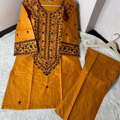 2 Pcs Women's Stitched Cotton Embroidered Shirt And Trouser