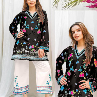 2 Pcs Women's Stitched Swiss Lawn Digital Print Shirt And Trouser