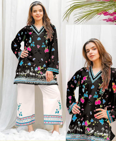 2 Pcs Women's Stitched Swiss Lawn Digital Print Shirt And Trouser