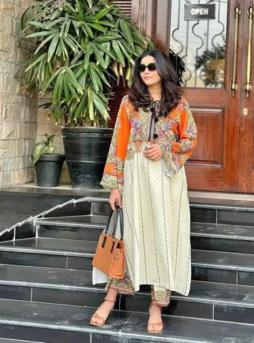 2 Pcs Women's Stitched Swiss Lawn Digital Print Shirt And Trouser